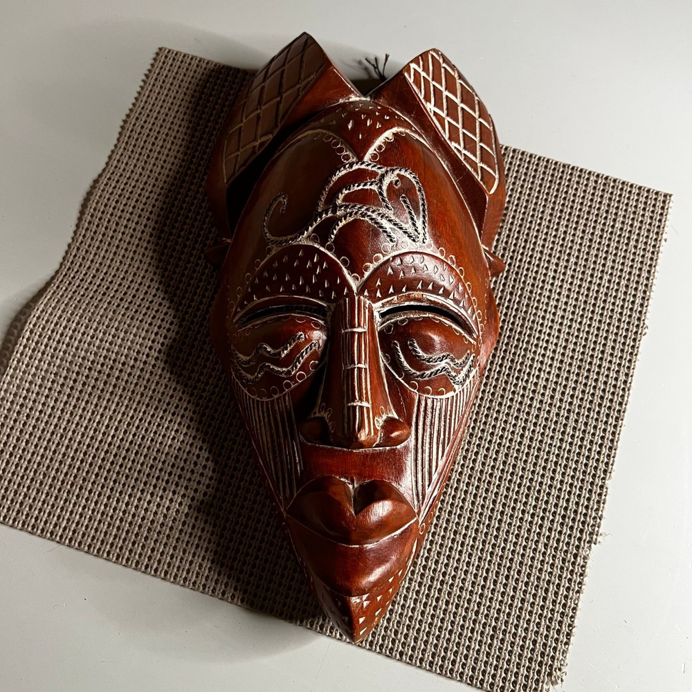 Hand Carved African Tribal Wood Mask White Inlay Wall Decor 12 Inch